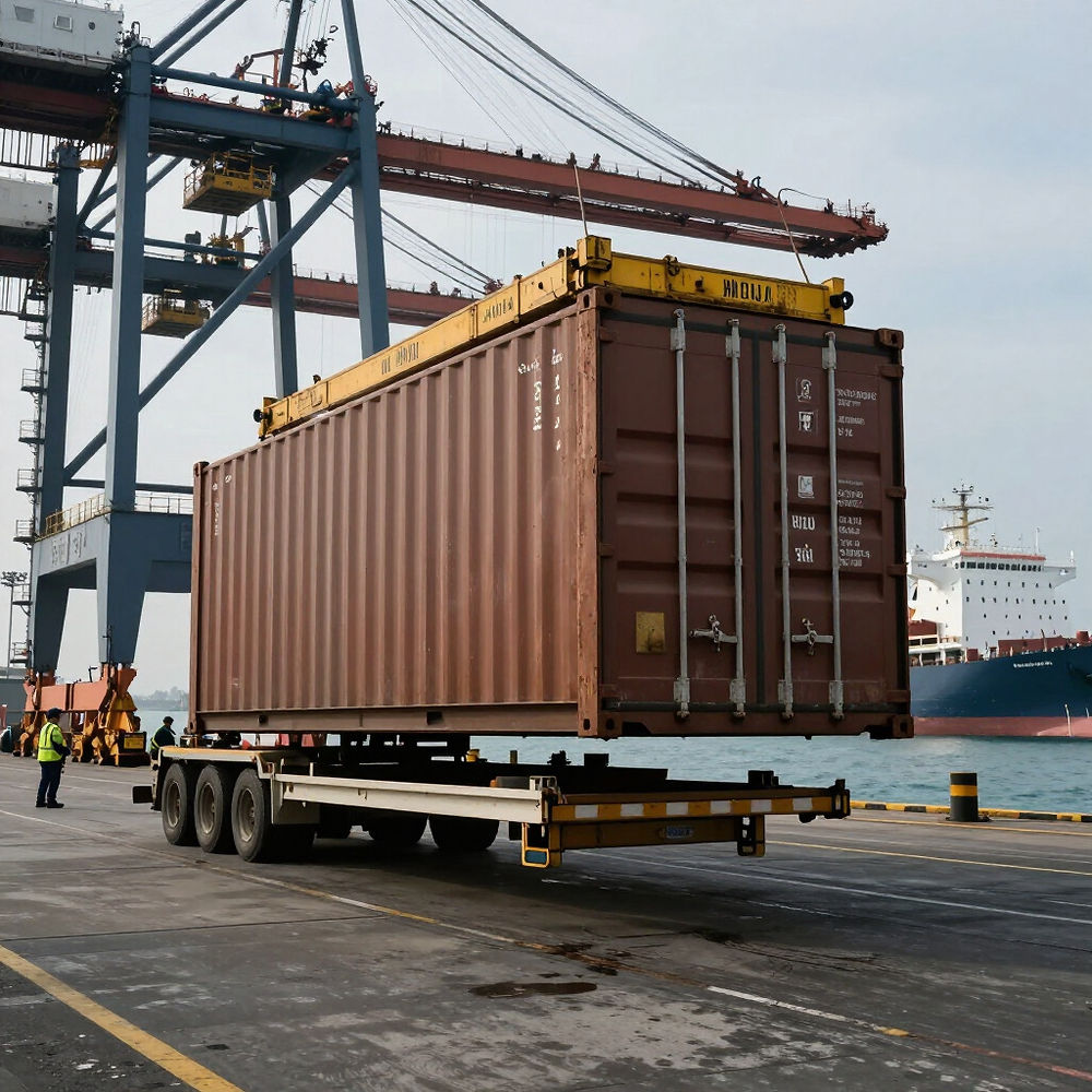 Container lifted by crane from truck at port
