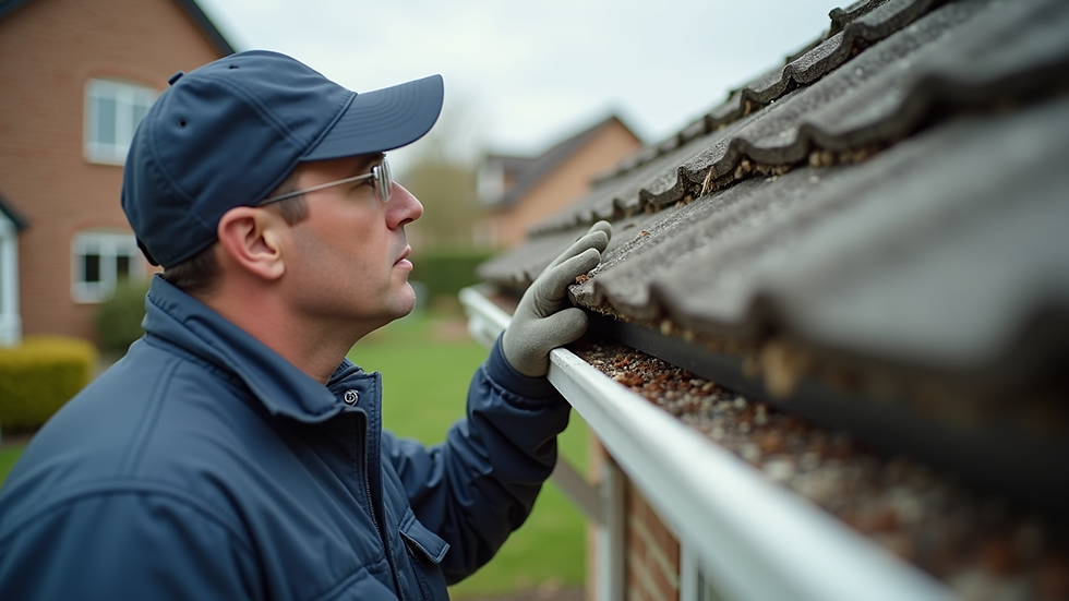 Eye-level view of a professional cleaner inspecting gutters on a residential home