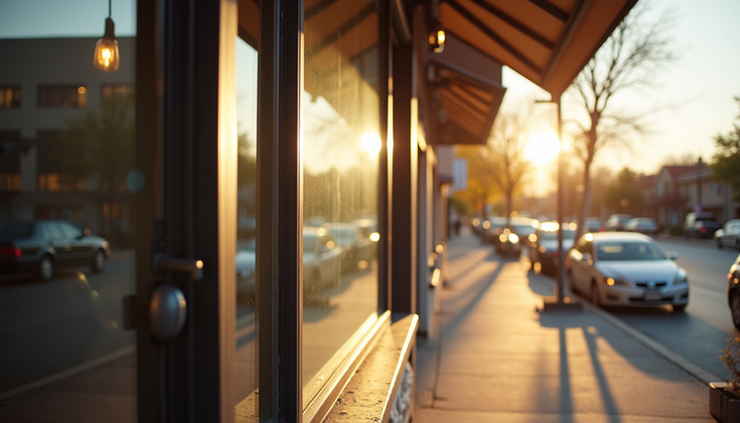 Eye-level view of a storefront window sparkling clean in bright daylight