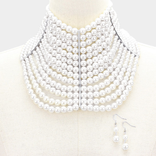 White- Multi Strand Pearl Collar Choker 