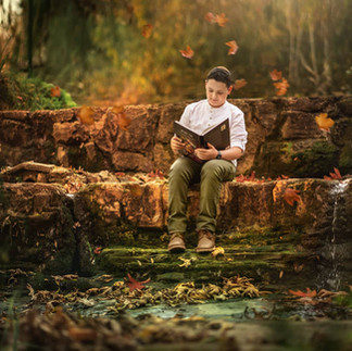 דוגמה לבוק בר מצווה. נער קורה דפר מעל נחל ובין עלי שלכת