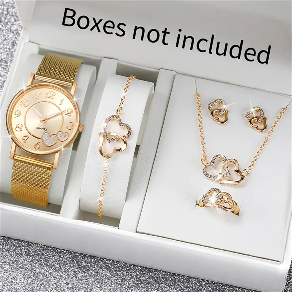 6PCS/Set Fashion Heart Women's Watch Plastic Band Analog Golden Quartz Watches B