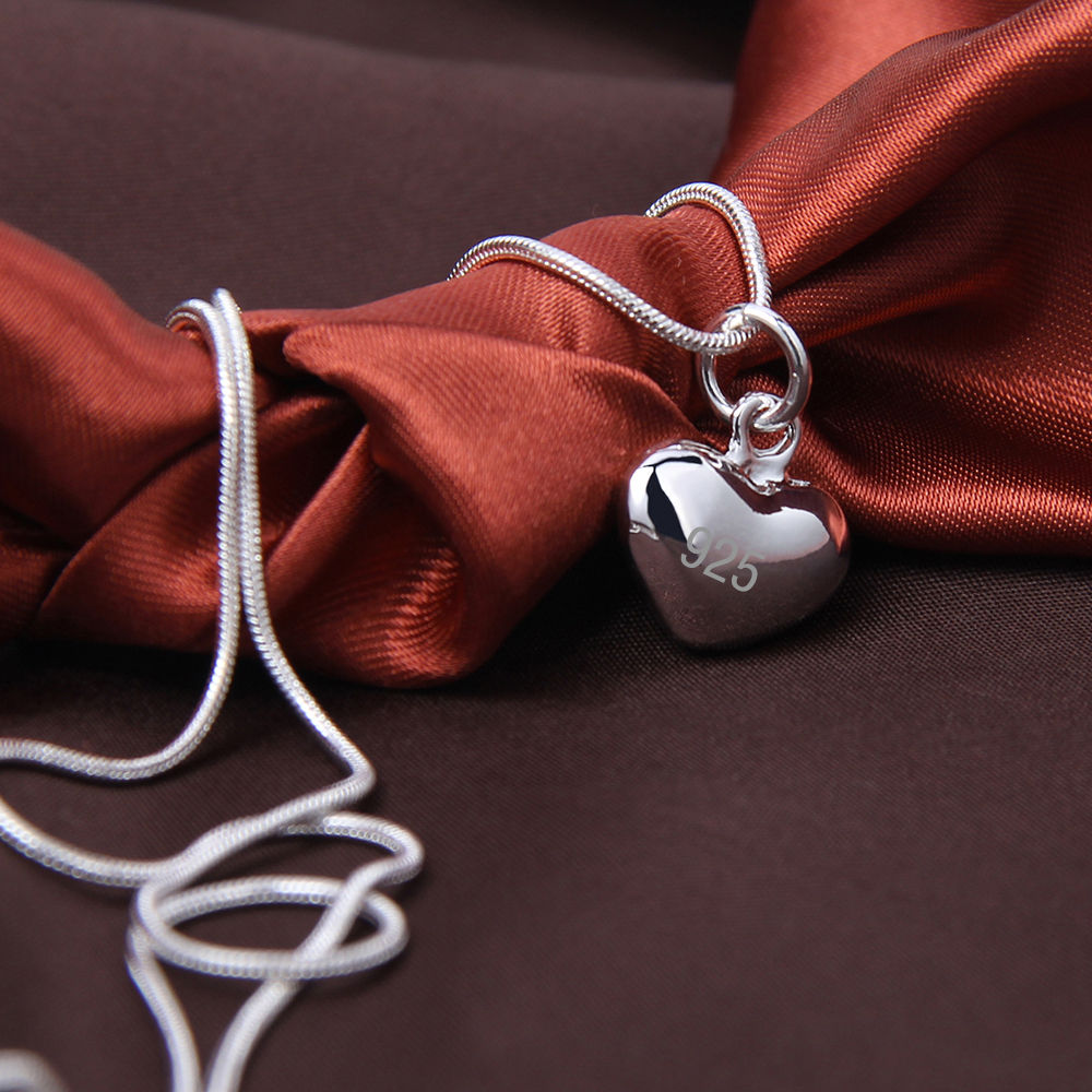 DOTEFFIL Silver Color Solid Small Heart Pendant Necklace 16-30 Inch Snake Chain
