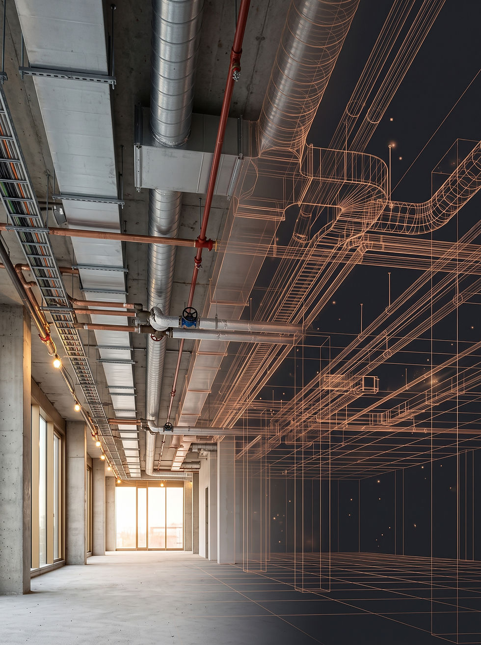 Industrial ceiling with pipes and digital wireframe overlay.