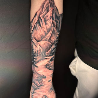 Black and grey mountain landscape half sleeve