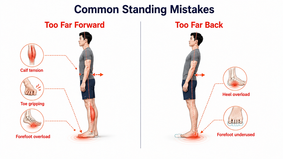 Common standing posture mistakes showing forward weight shift with calf tension and toe gripping, and backward weight shift with heel overload.