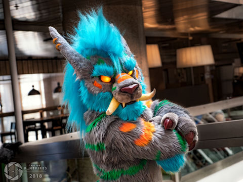 a gnoll, named hogger, costume in front of the Anaheim Convention Center during blizzcon 2023.