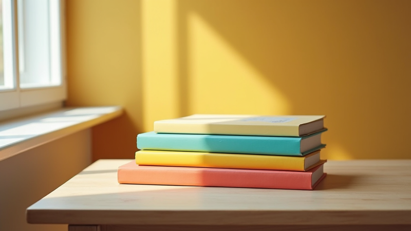 Stack of colorful books on a table, sunlit