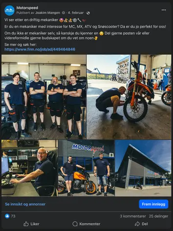 Facebook-post med ulike bilder fra Motorspeed.