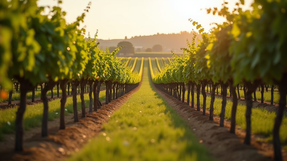 Eye-level view of a vineyard with rows of grapevines stretching into the distance