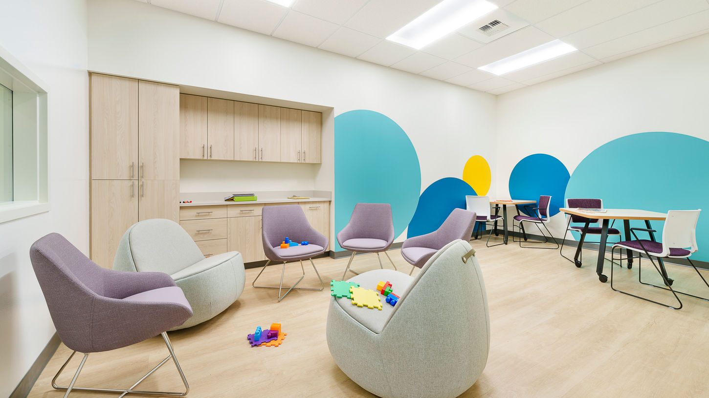 bright children's hospital sitting area with beautiful flooring