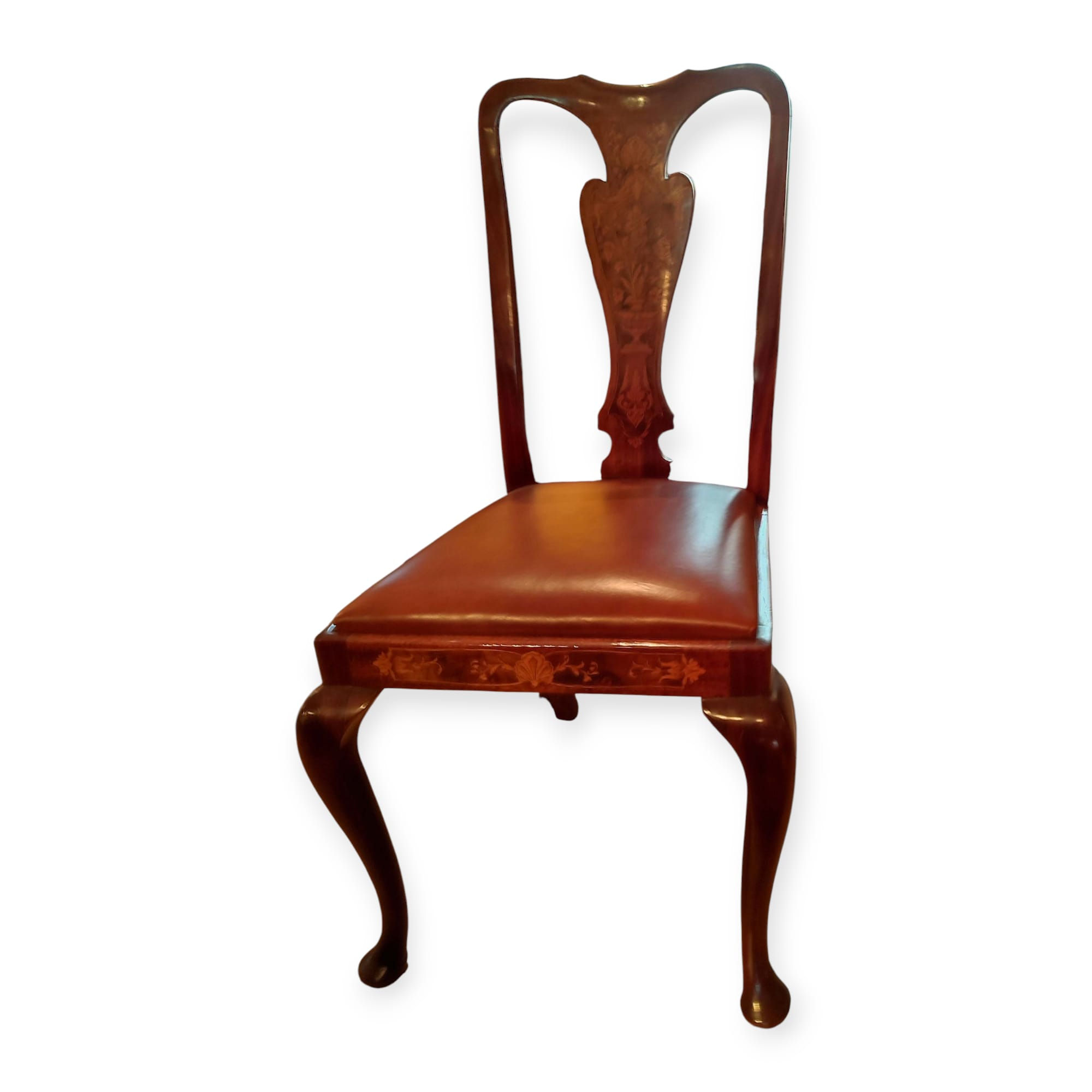 Quattro sedie intarsiate fine XIX secolo con sedili in pelle