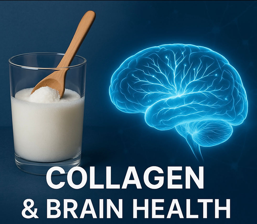 A glass with white powder and a wooden spoon beside a glowing blue brain image on a dark background. Text: Collagen & Brain Health.