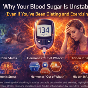A visual breakdown of unstable blood sugar driven by stress, hormone imbalance, and inflammation, even when eating healthy, by Executive Functional Healing LLC.