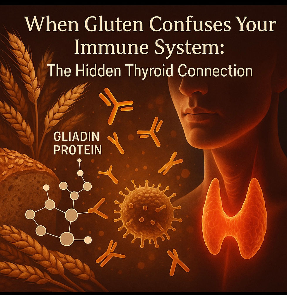 Brown-toned image showing wheat, bread, and molecules titled "When Gluten Confuses Your Immune System: The Hidden Thyroid Connection."
