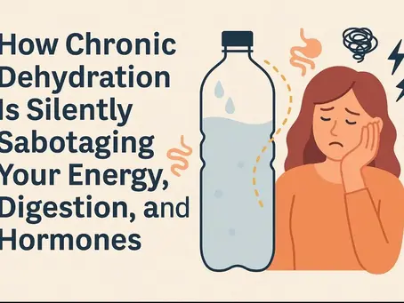 Sad woman with a headache next to a water bottle. Text: "How Chronic Dehydration Is Silently Sabotaging Your Energy, Digestion, and Hormones."
