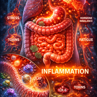 Conceptual image representing chronic inflammation affecting the gut, immune system, and whole-body healing.