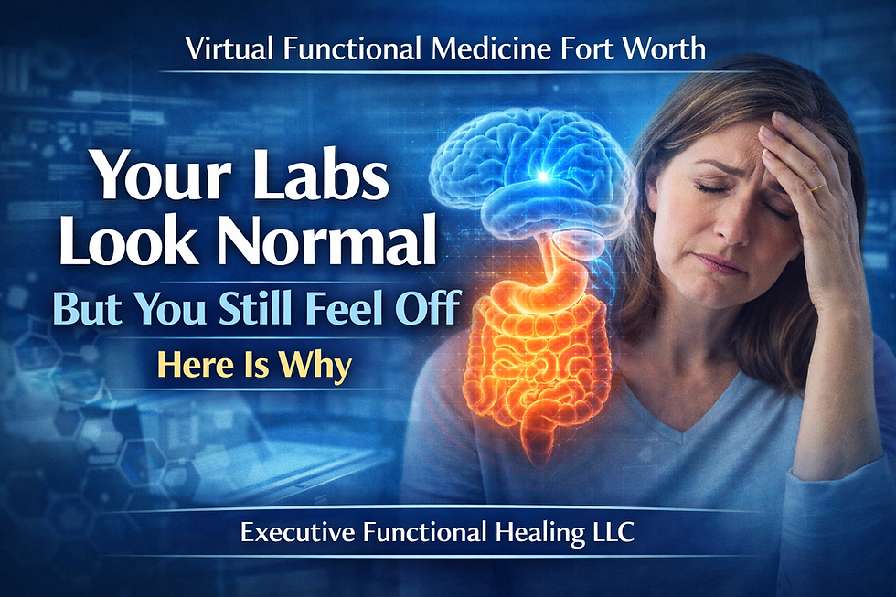An educational visual explaining why standard blood work may appear normal while underlying gut dysfunction, inflammation, and metabolic imbalance still affect how you feel.