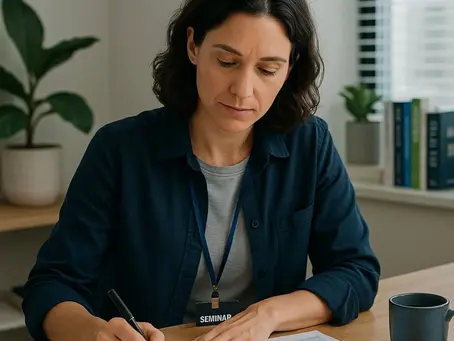 A woman writes on papers at a desk, wearing a "Seminar" badge. Background has potted plants and books. Calm, focused atmosphere.