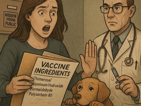 Woman looking shocked at "Vaccine Ingredients" list, hand raised; doctor holding syringe beside her; concerned dog in foreground.