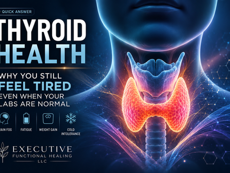 Illustration of thyroid health showing fatigue, brain fog, weight gain, and normal thyroid labs