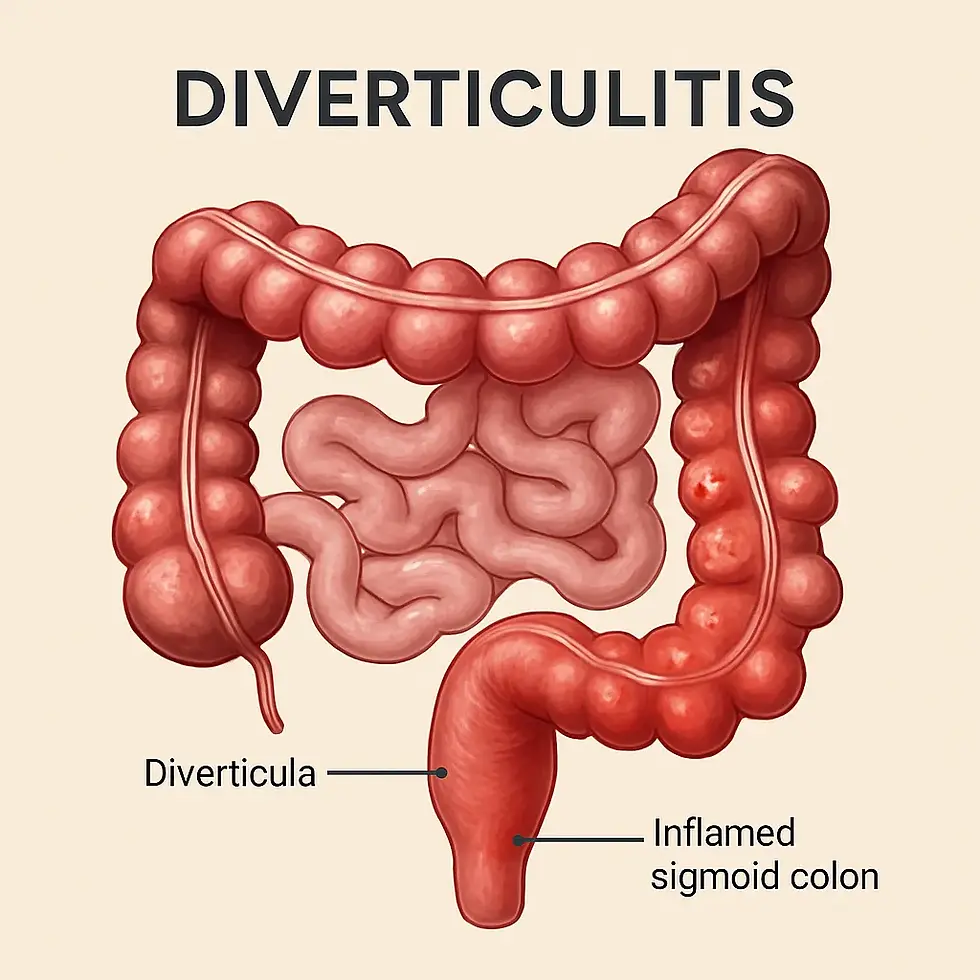 Diagram of a human colon labeled Diverticulitis. Highlights diverticula and an inflamed sigmoid colon. Text on a beige background.
