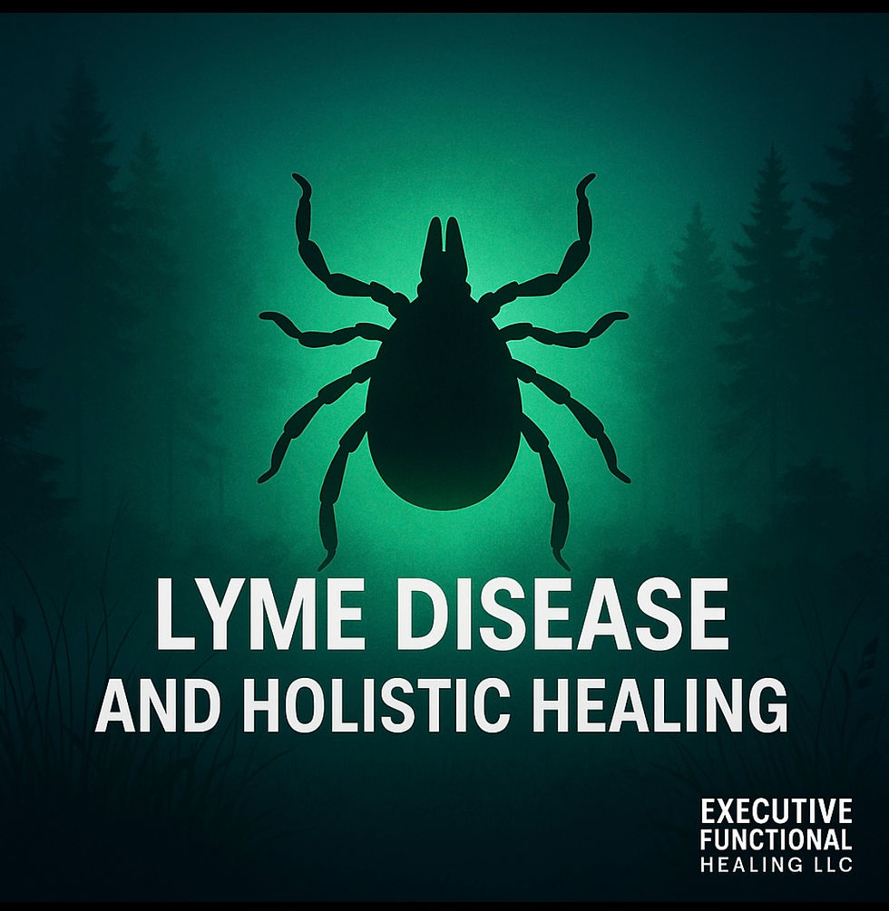Silhouette of a tick on a green forest background with text: "LYME DISEASE AND HOLISTIC HEALING. EXECUTIVE FUNCTIONAL HEALING LLC."