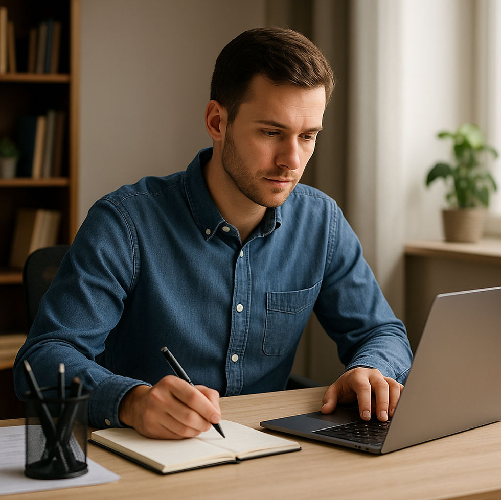Man in denim shirt writing in notebook, using a laptop at a wooden desk. Background shows bookshelves and a potted plant. Focused mood.