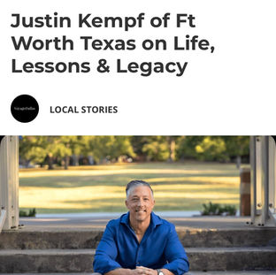 A man in a blue shirt, sitting on outdoor steps, smiling. Sunny park background. Text: "VoyageDallas", "Justin Kempf on Life, Lessons & Legacy".