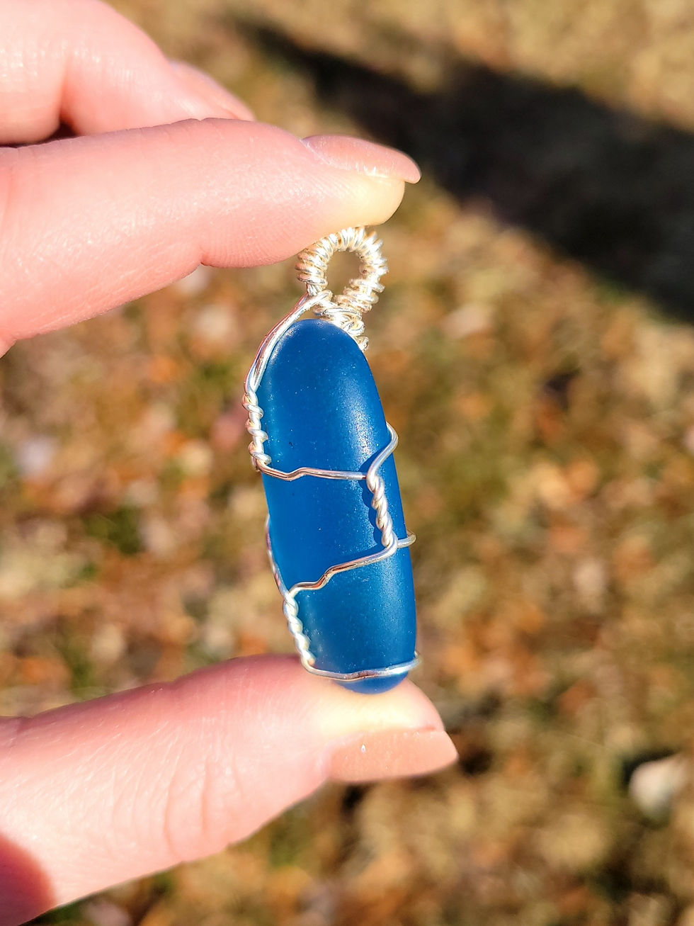 Thumbnail: blue faux sea glass pendant side view