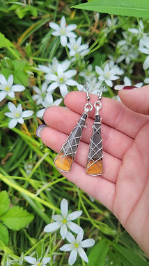 triangle polychrome jasper earrings wrapped in silver plated wire