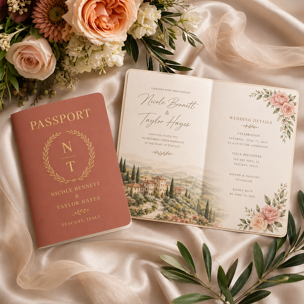 Thumbnail: Soft-touch velvet passport wedding invitations with gold foil cover for a Tuscany, Italy destination wedding invitations