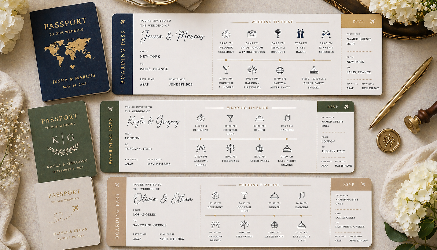 Passport destination wedding invitation and boarding pass with save the date baggage tag e