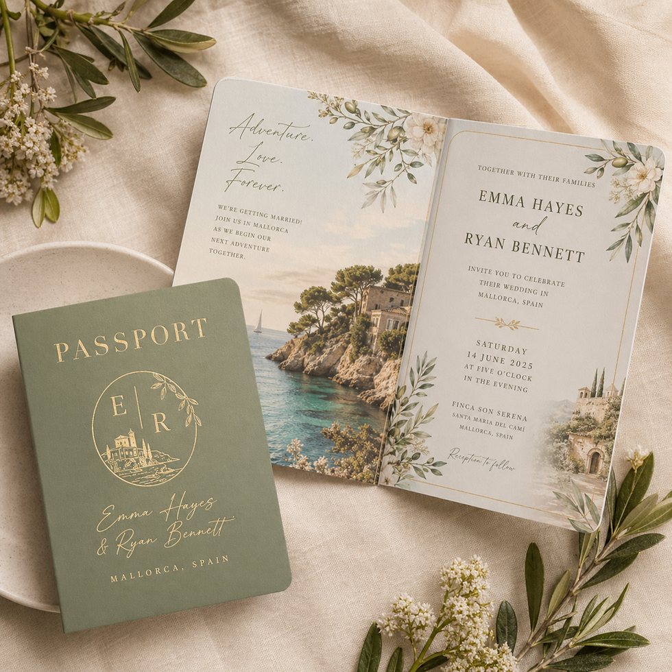 Thumbnail: Mallorca passport wedding invitations with gold foil cover and soft-touch velvet cardstock for a Spain destination wedding