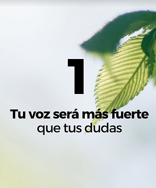 fondo con una hoja en una esquina con el número 1 y un texto que dice "tu voz será más fuerte que tu duda"
