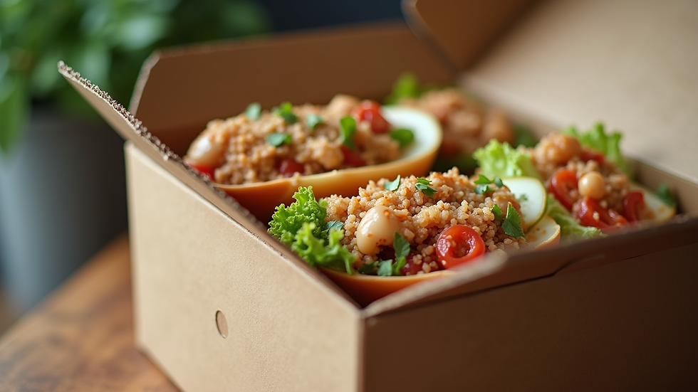 Close-up view of a catering delivery box with fresh meals