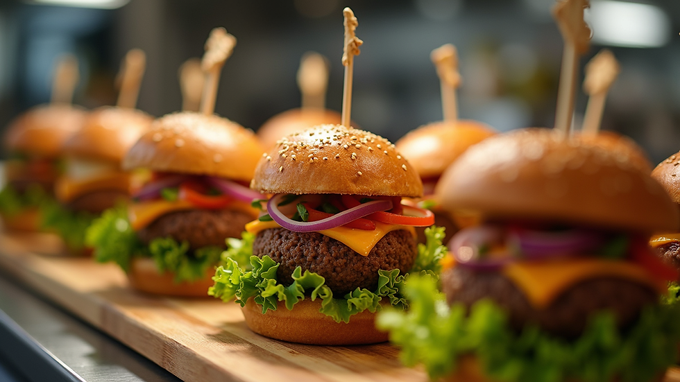 Close-up view of a gourmet slider station with fresh toppings