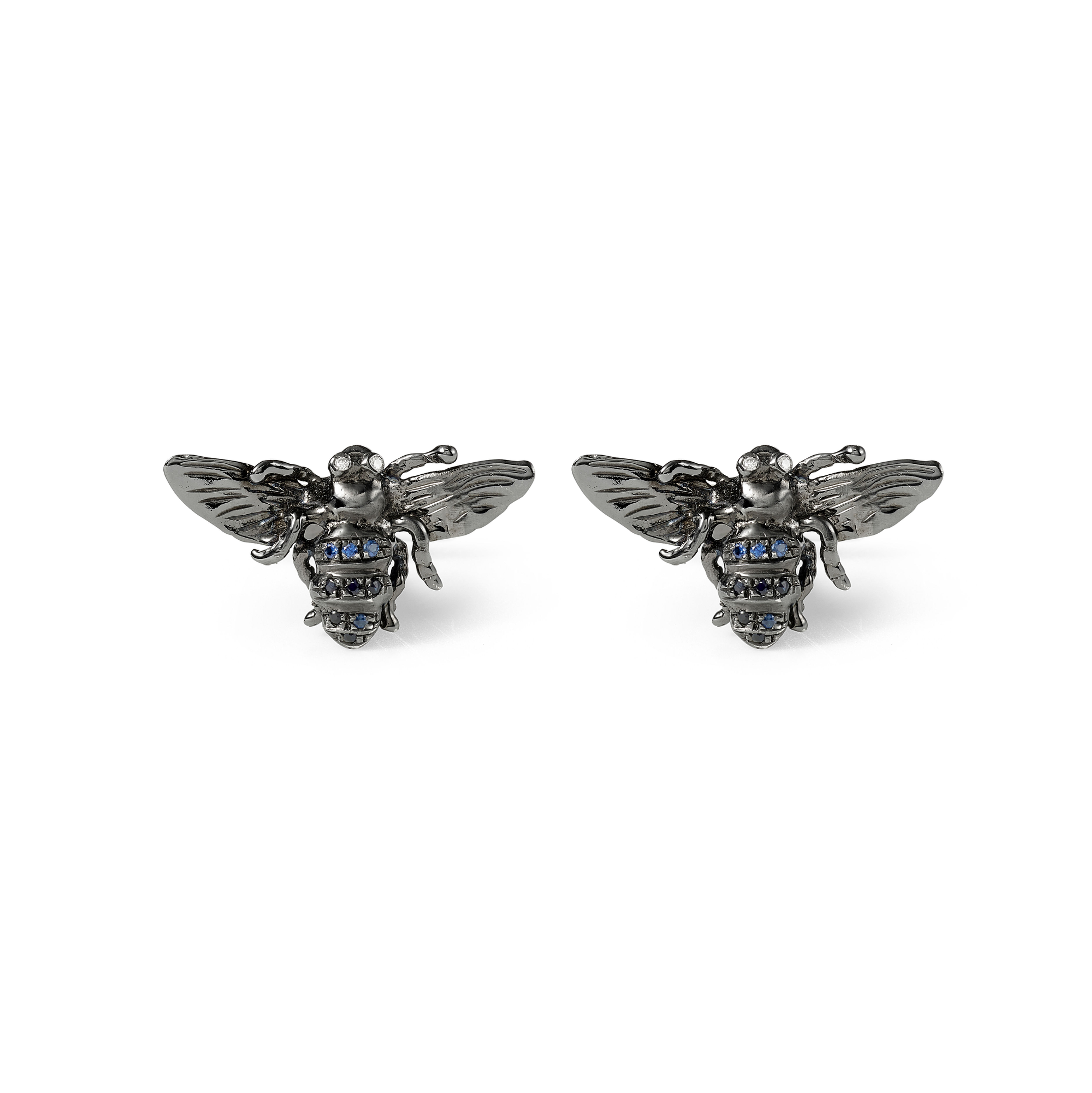 Little Bee Studs | Silver black rhodium plate, diamonds, black + blue sapphires