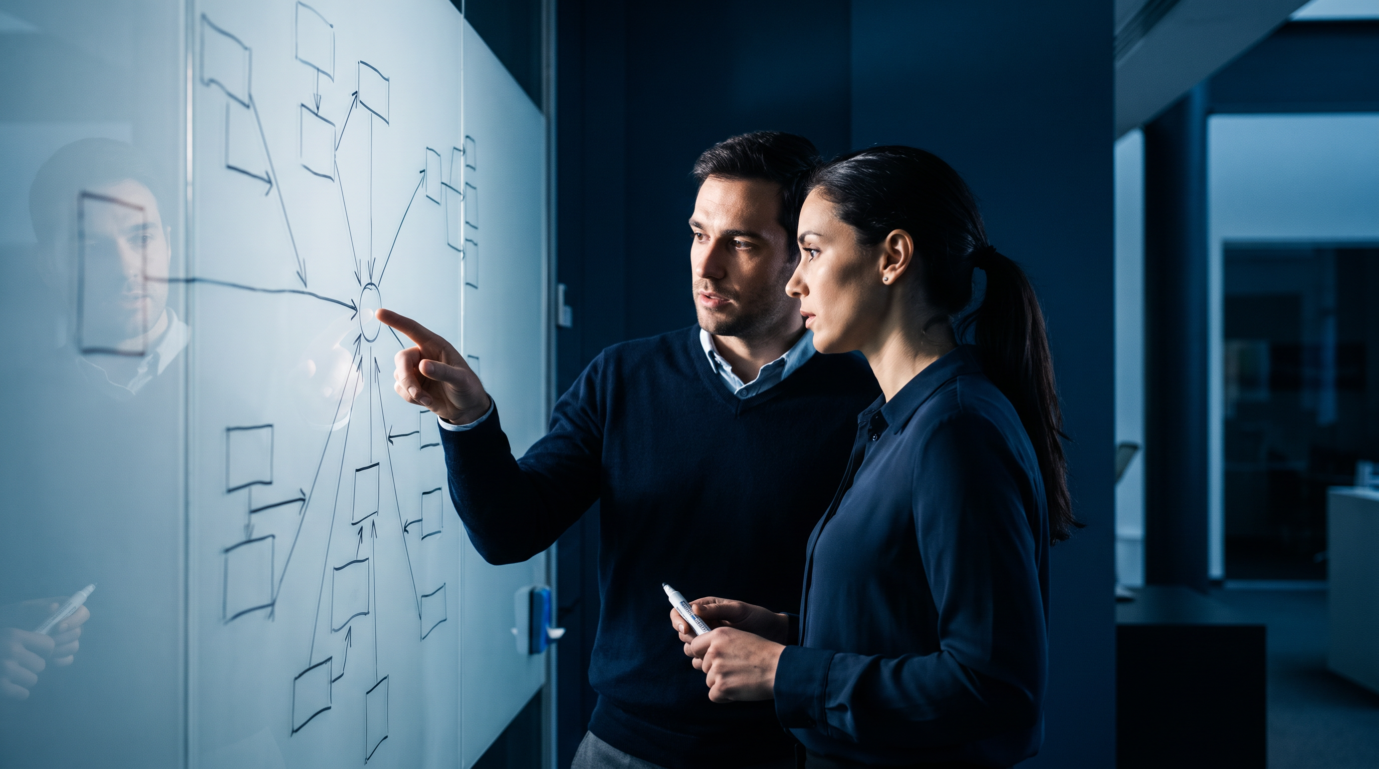Two engineers working through a root-cause diagram on a glass whiteboard.