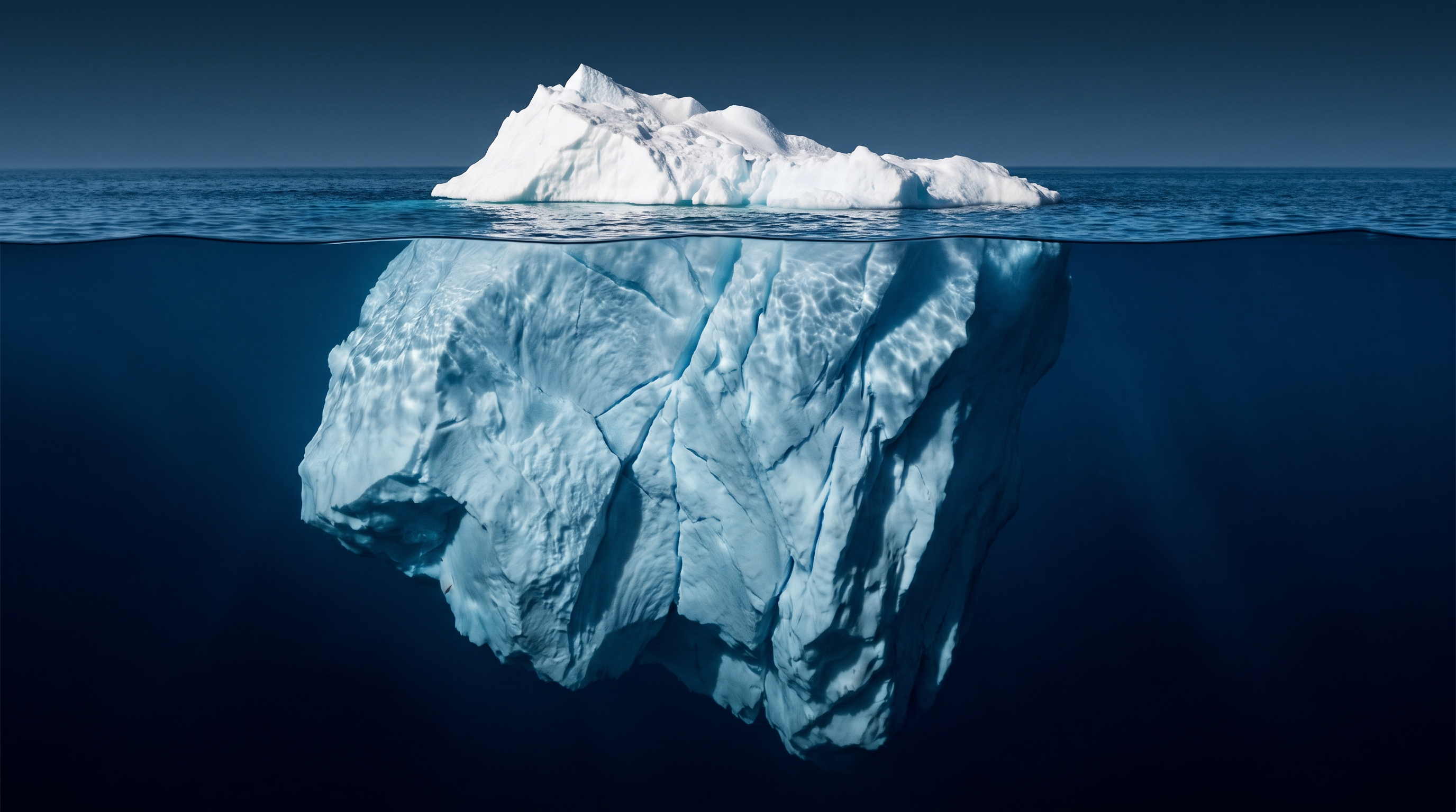 An iceberg with a small tip above water and a large mass below, representing hidden costs.