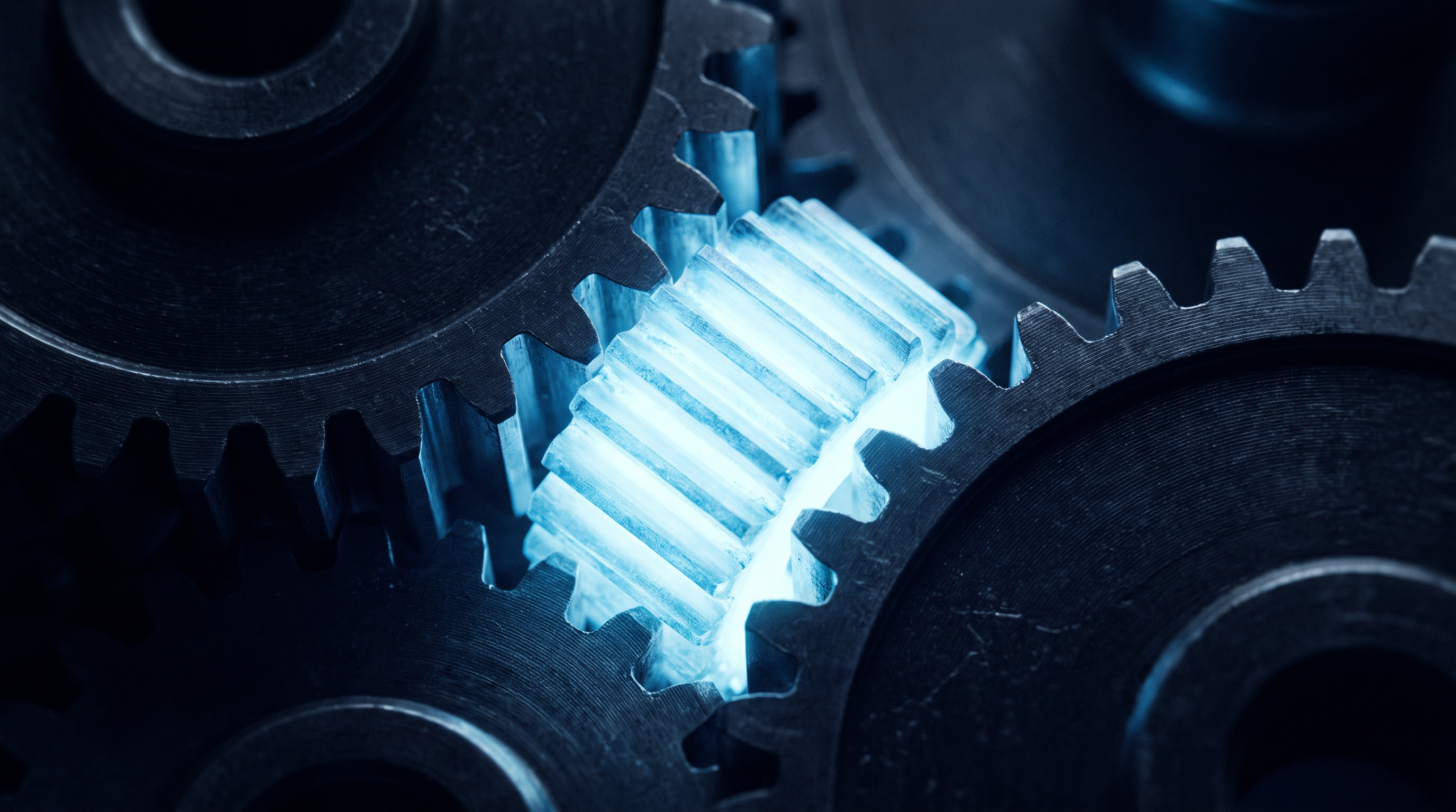 Precision gears meshing together, one glowing, representing an AI layer working with scripted automation.