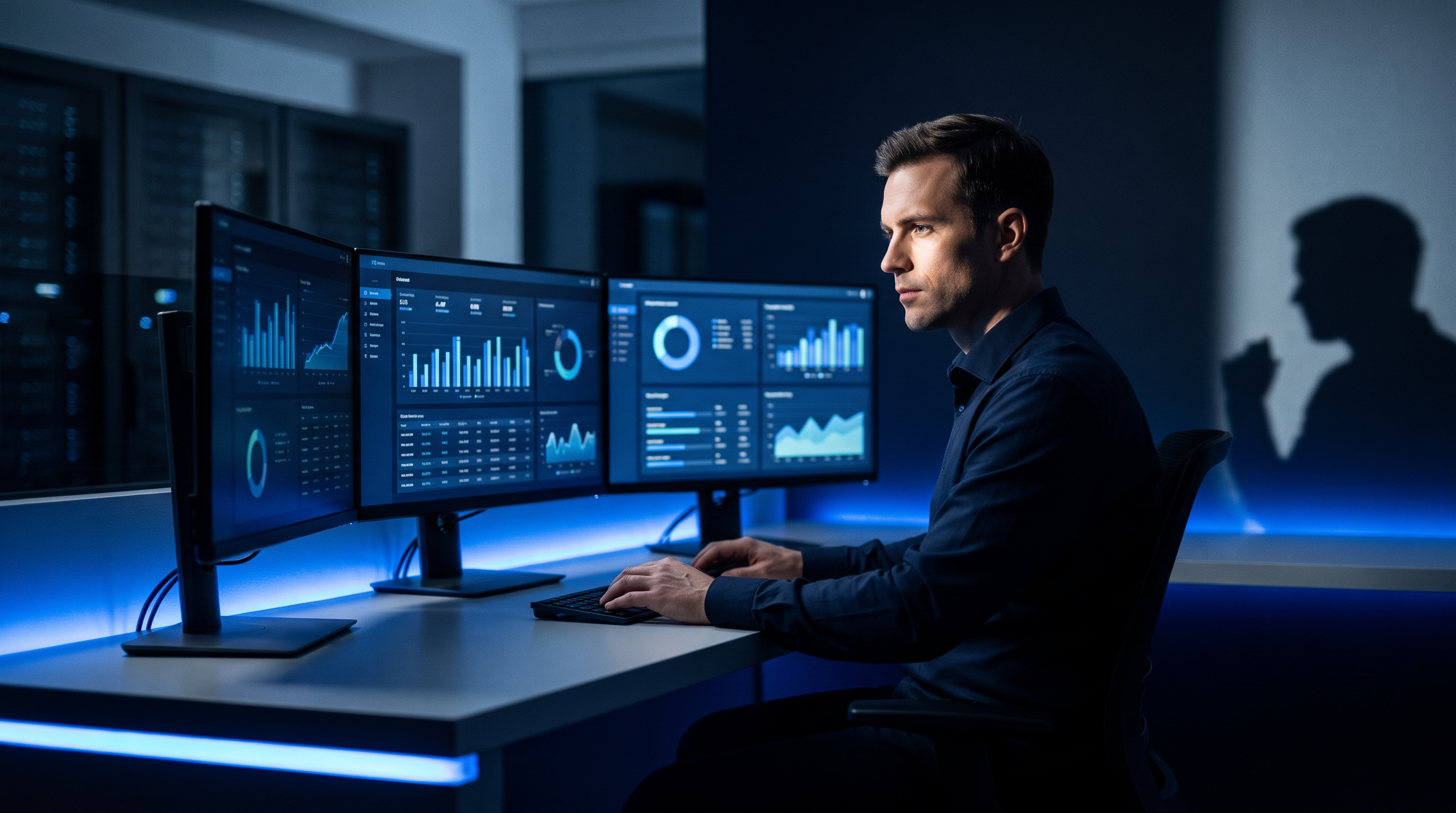 IT professional monitoring support systems from a multi-screen desk in a modern office.