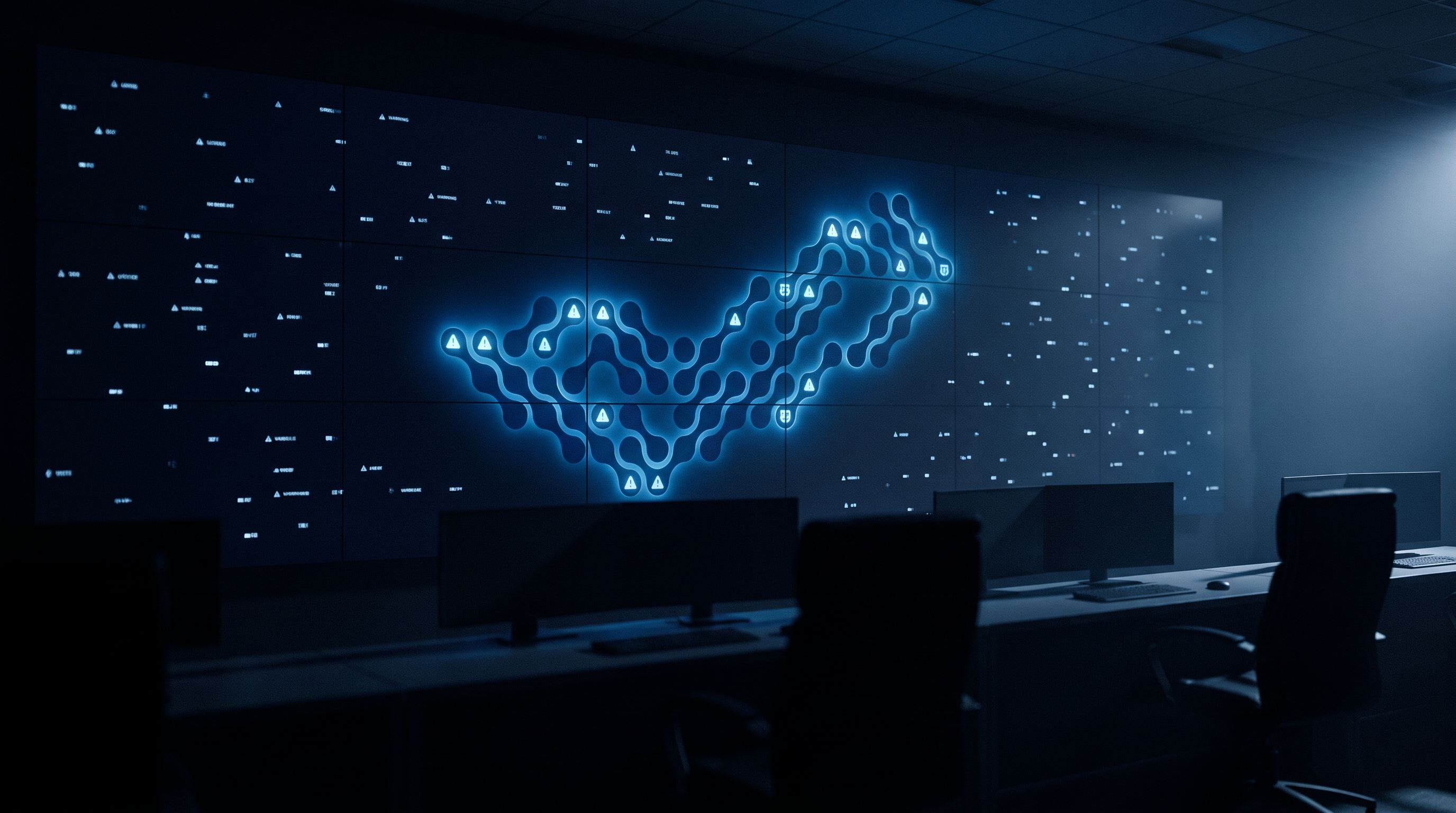 An operations center wall of scattered alerts with one recurring pattern highlighted.