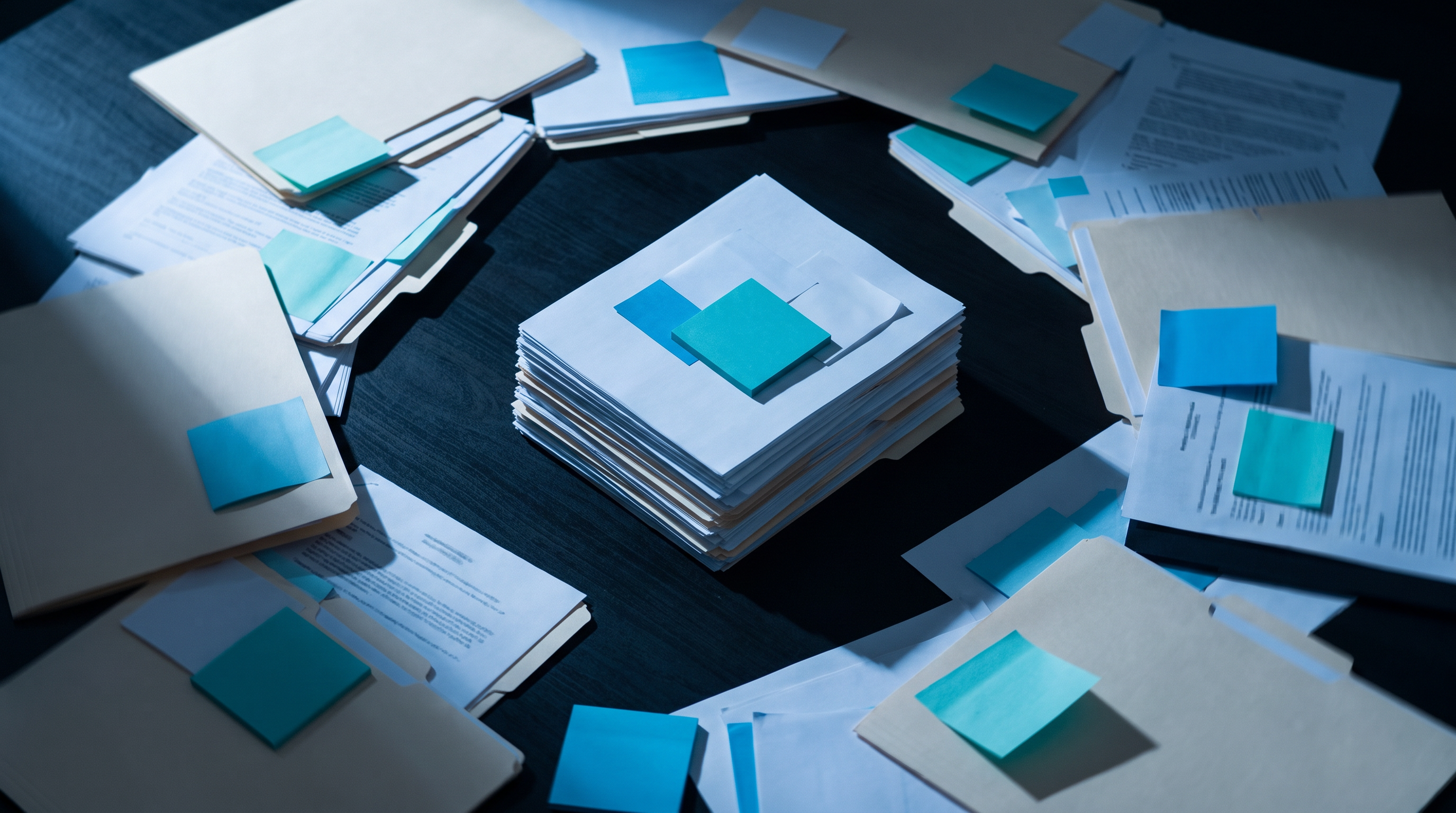 Scattered papers and folders organizing into a single neat stack.