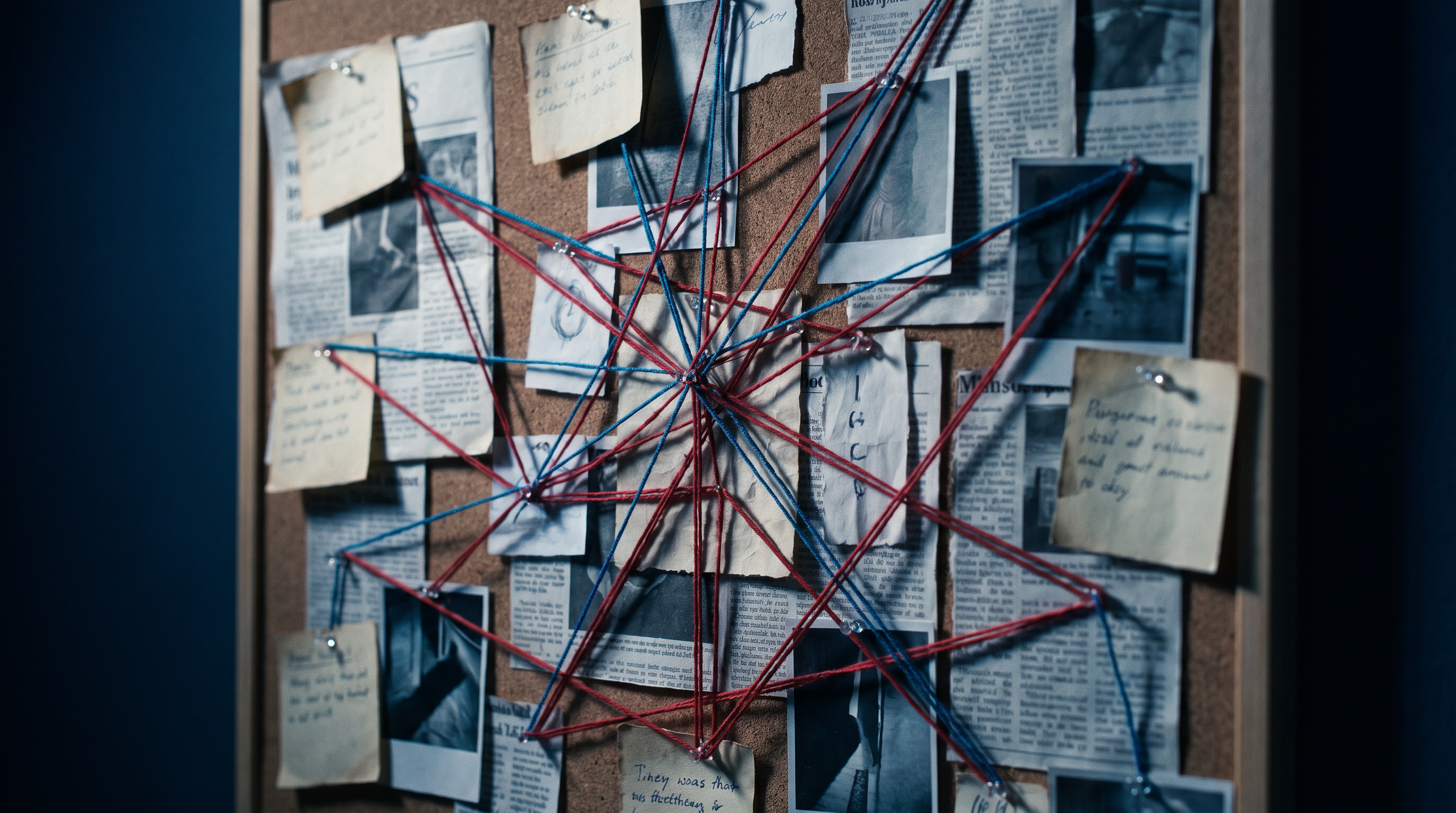 A board of incidents linked by threads into a single cluster, representing correlation.
