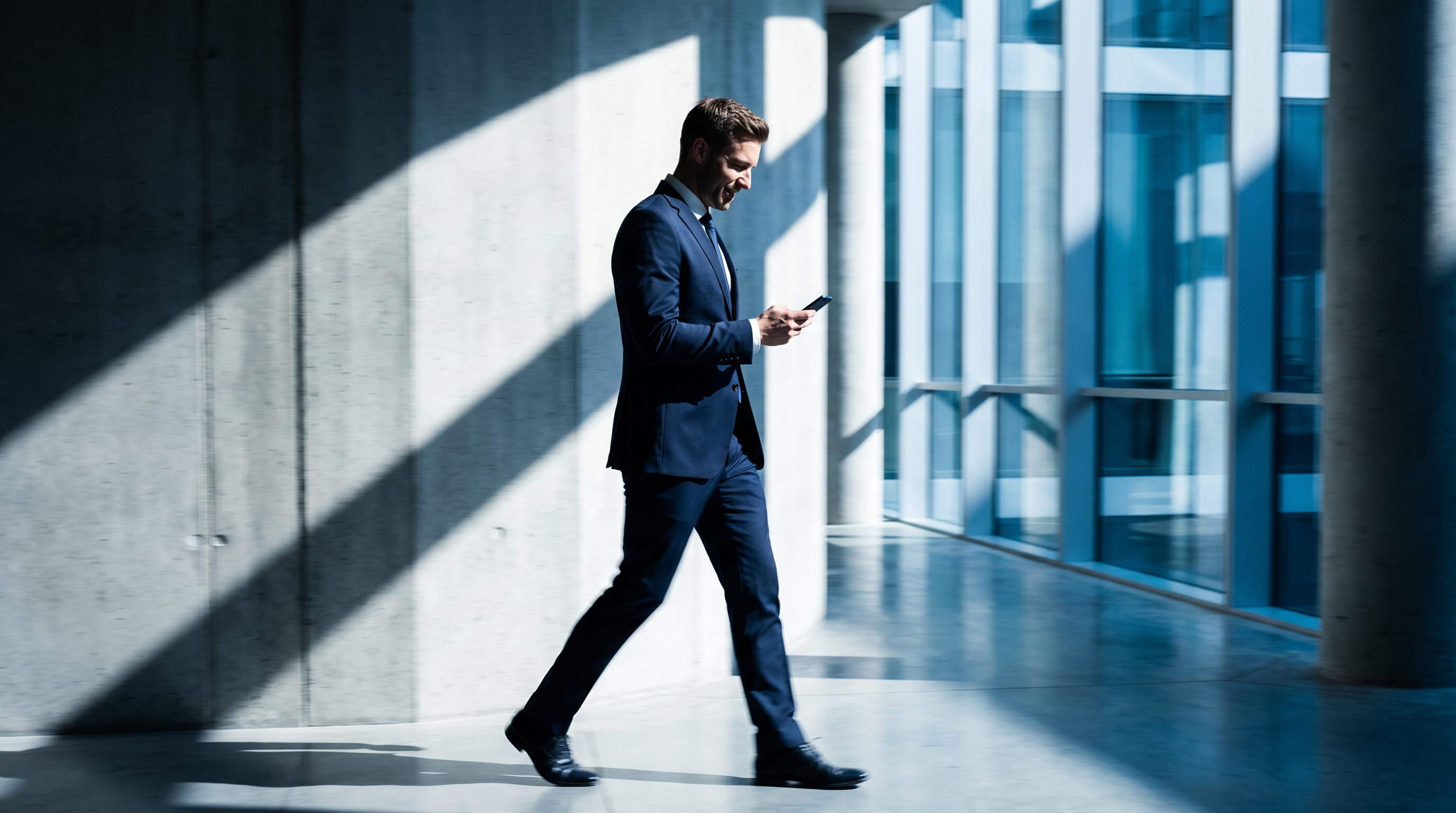 An employee getting an instant answer on their phone in an office corridor.