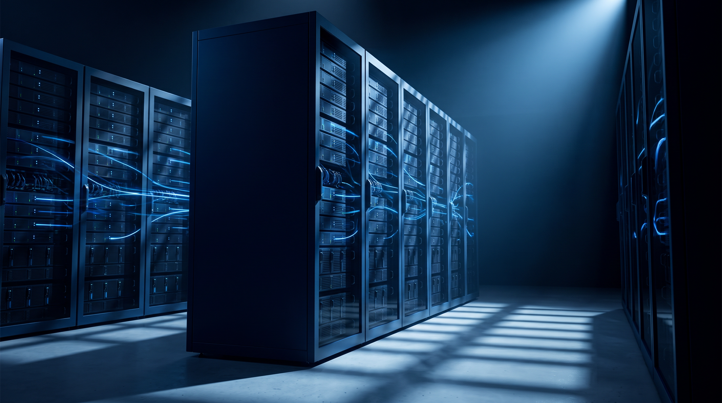 Rows of servers in a data center processing automated tasks at speed.
