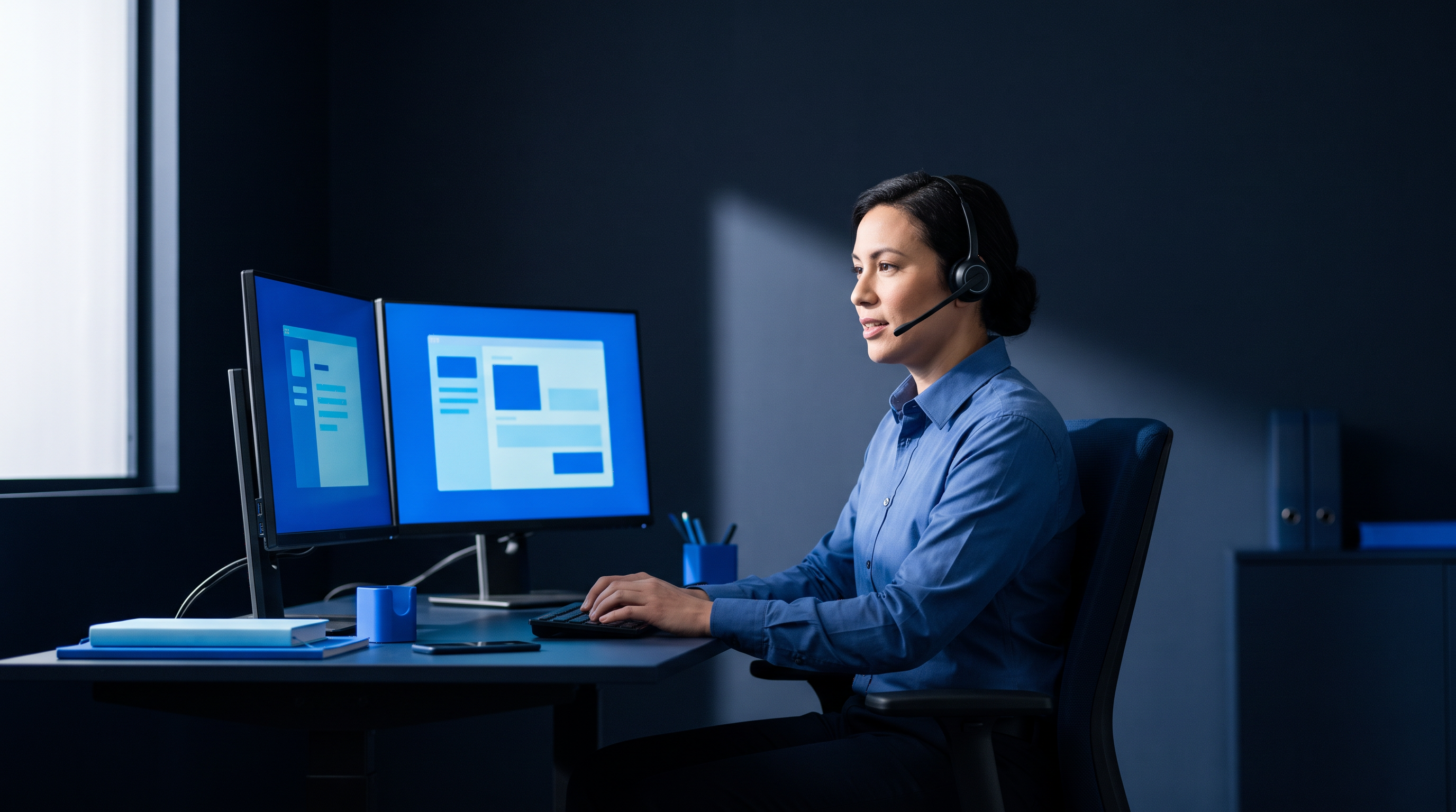 Support technician resolving a routine tier-1 request while on a headset call.