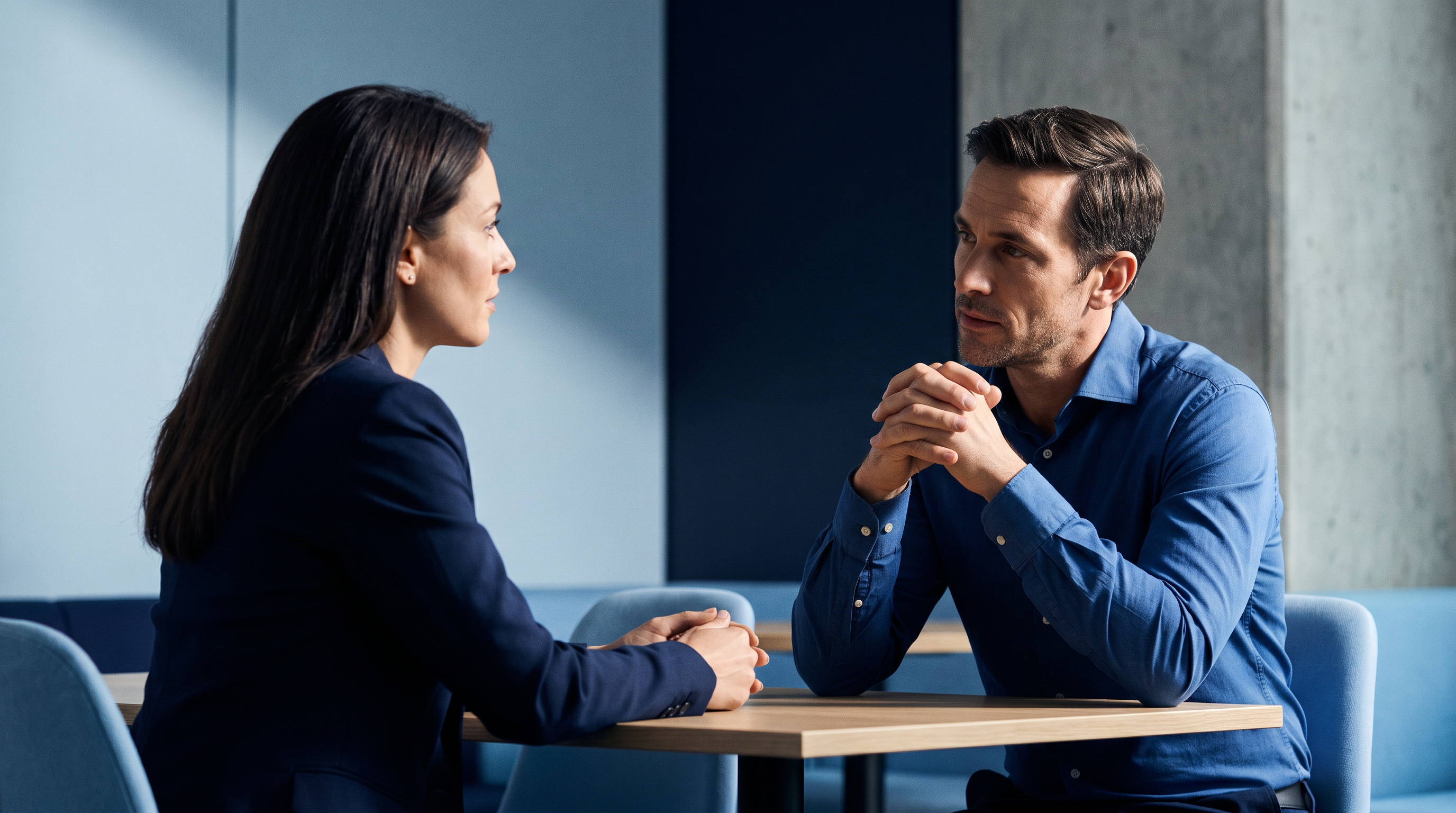 A private one-on-one HR conversation in a quiet meeting room.