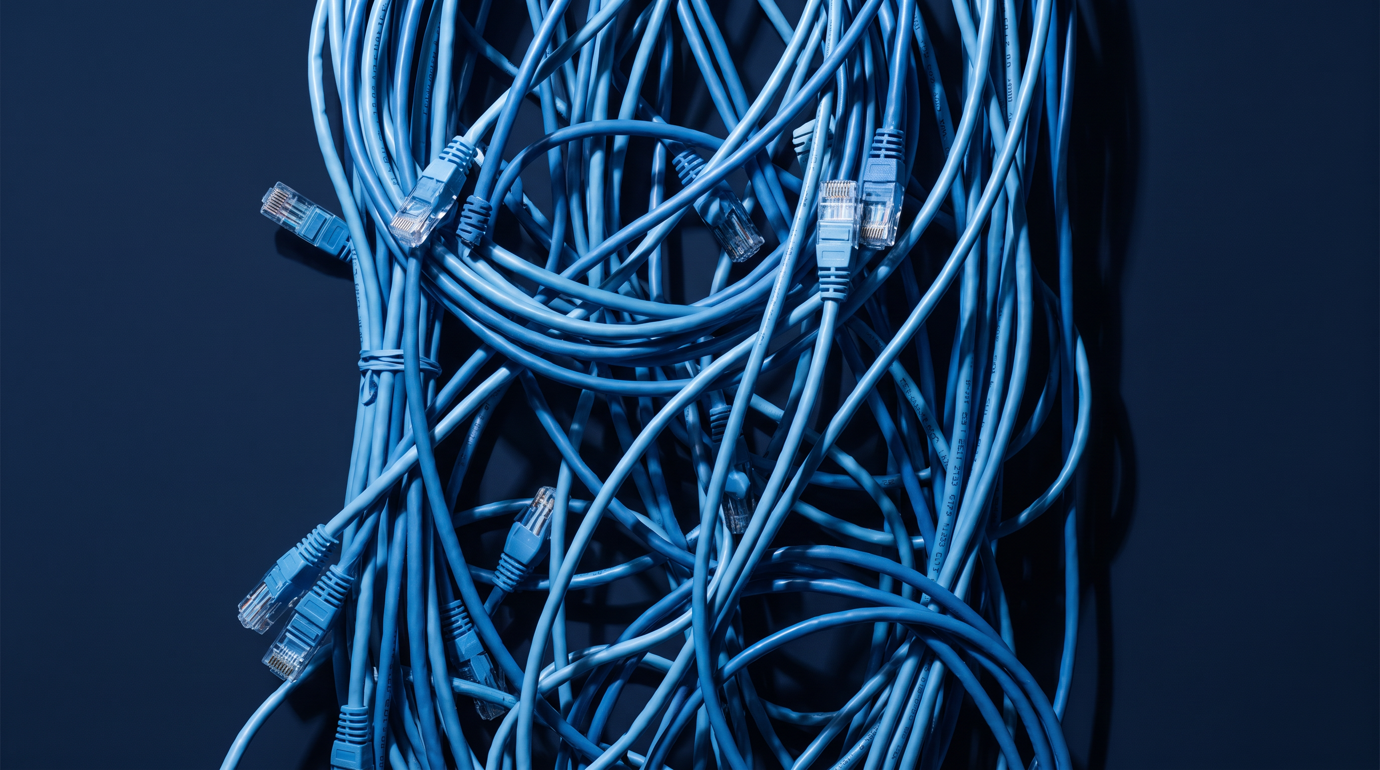 A dense tangle of network cables, representing platform complexity and technical debt.
